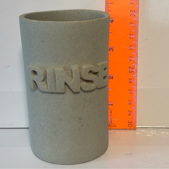 Bathroom Tumbler Glass (like stoneware) 4” Tall Sage/Gray says RINSE Like New - Picture 2 of 7
